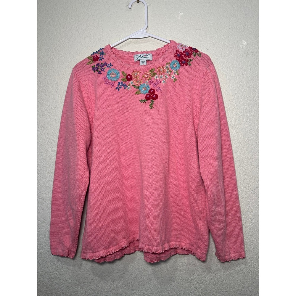Haband Pink Floral Embroidered Crewneck Sweater Ramie Cotton Scalloped Trim XL